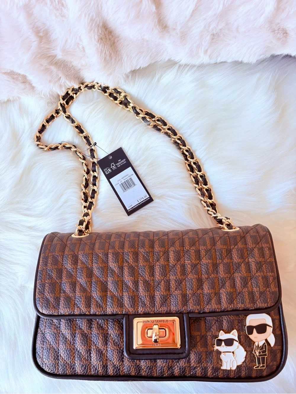 🩷🩷Karl Lagerfeld Brown Checker Quilted Shoulder Bag with Gold Chain🩷🩷